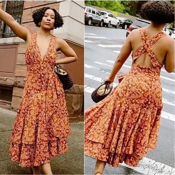 J. Crew Collection Cross Back Ruffle Midi Dress Vtg Vines Burnished Pecan 6 NEW - Picture 1 of 16